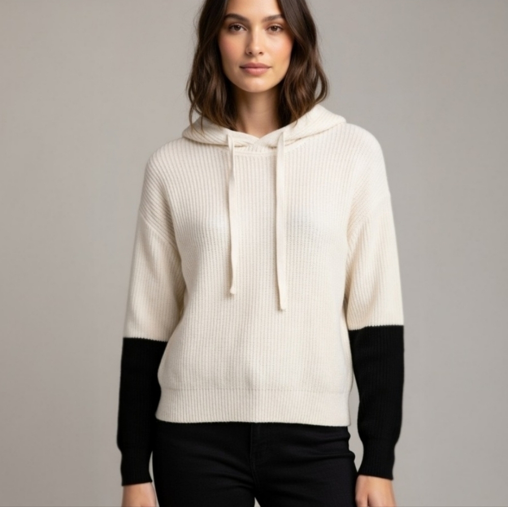 ATM Anthony Thomas Melillo 100% Cashmere Colorblock Hoodie Chalk Black XS